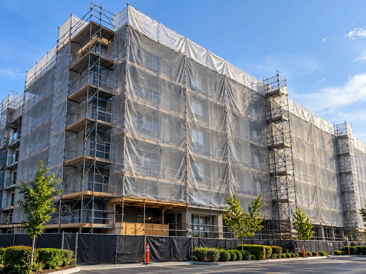 building envelope scaffolded building by All About Exteriors
