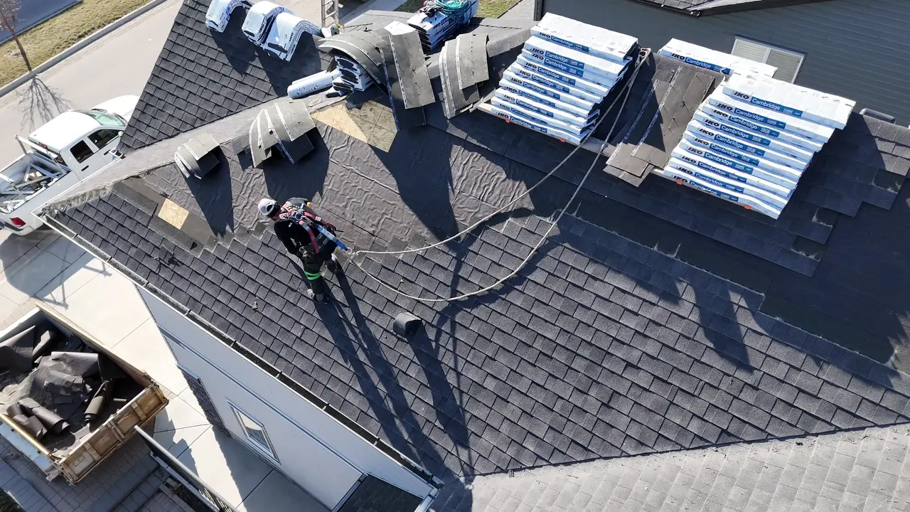 crew reroof aerial still by All About Exteriors