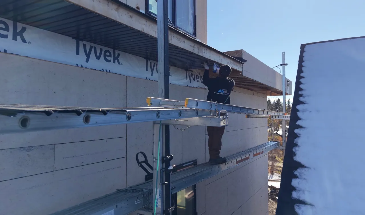 soffit tyvek scaffold by All About Exteriors