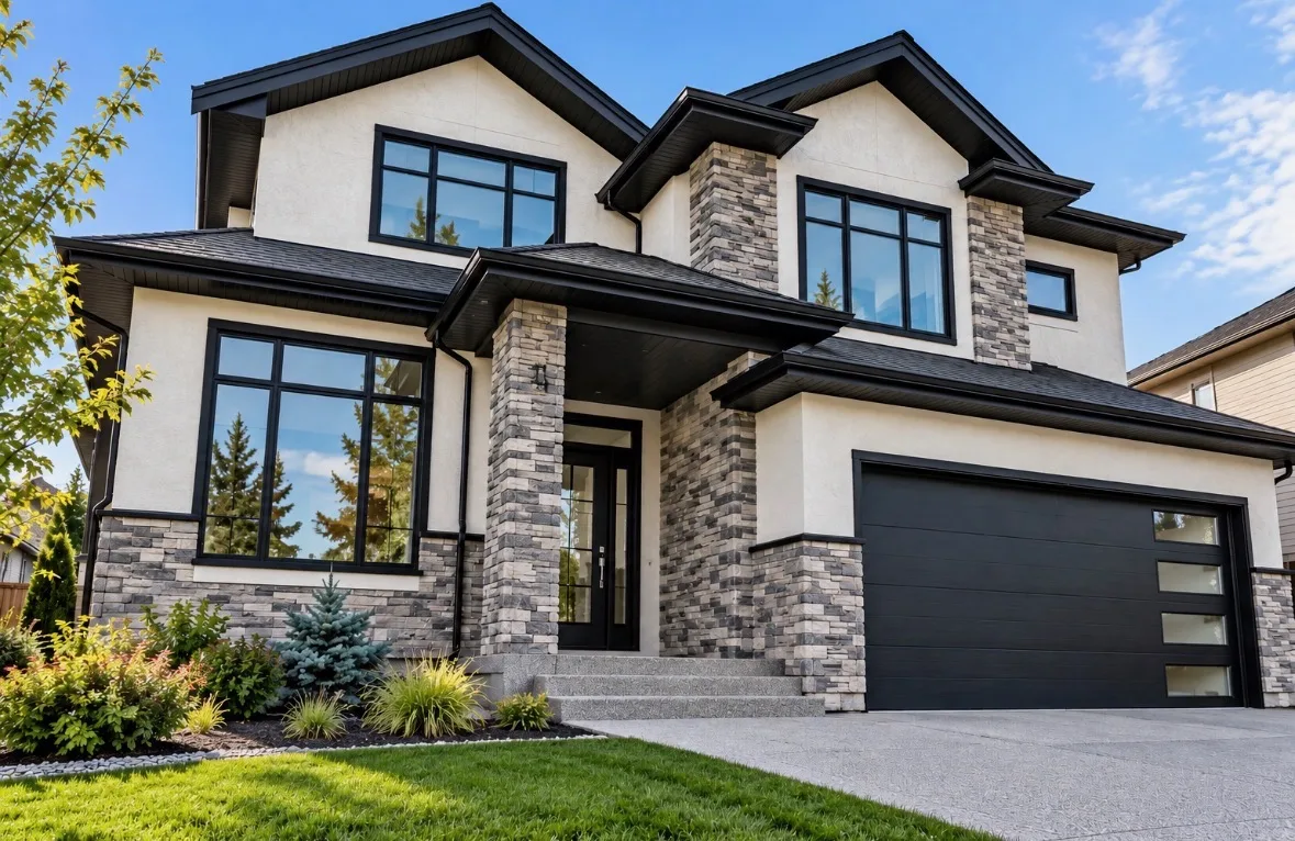 stucco stone home by All About Exteriors