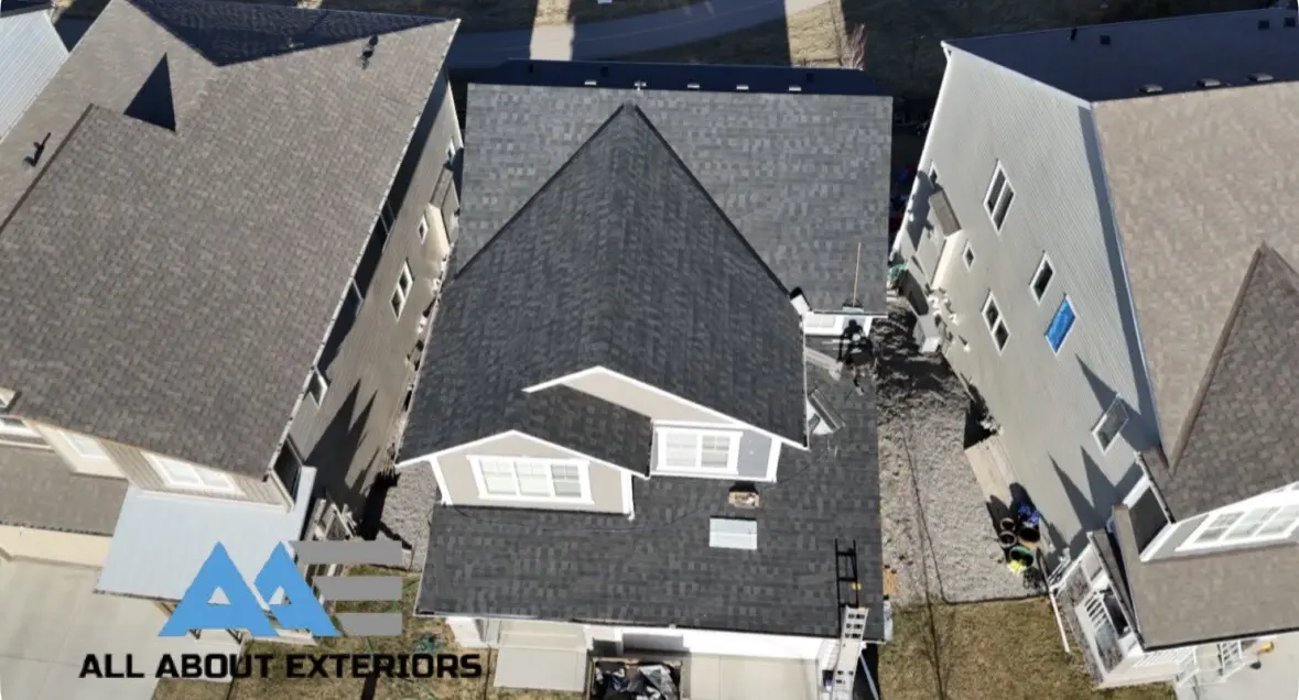 Drone photo of a new gable shingle roof on an infill home